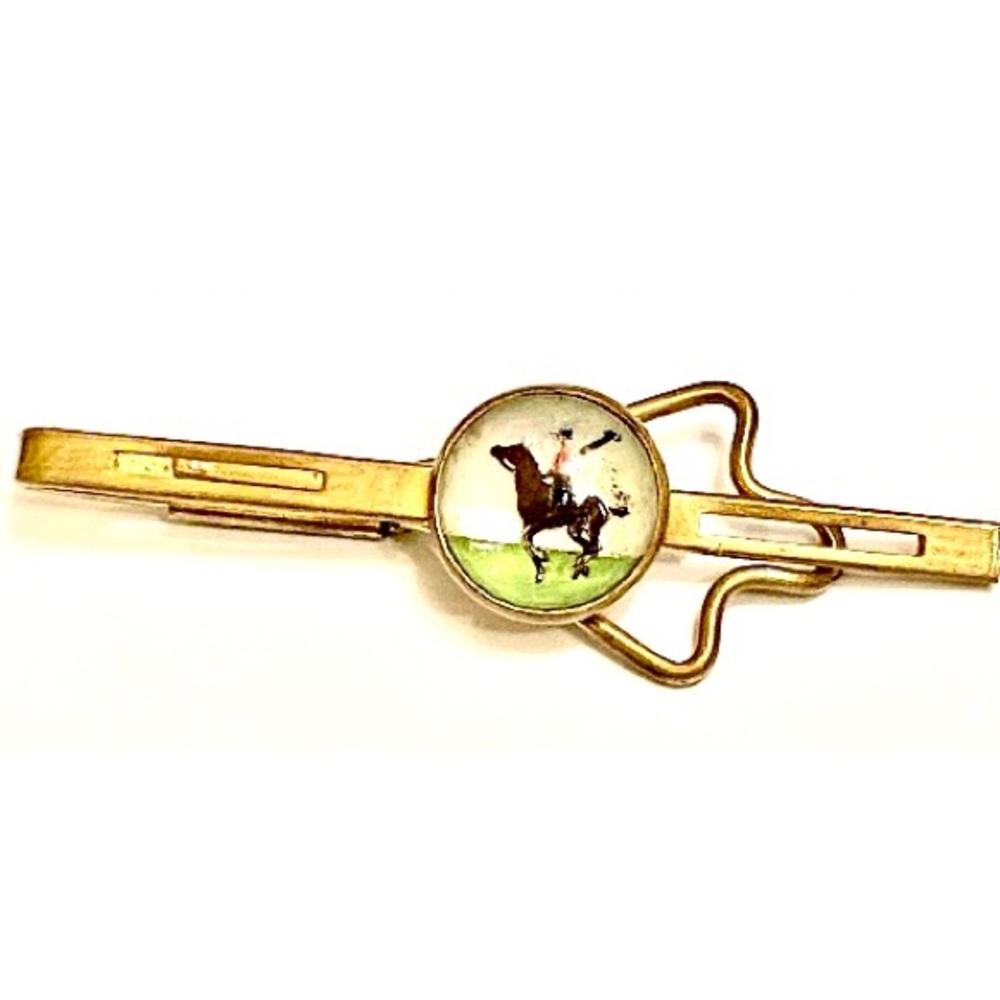 Vintage REPOG Horse Polo Mallet Tie Clip Mens Gold or Brass Tone Metal Tie Clasp